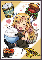  :d ^_^ bare_shoulders black_border black_bow black_dress black_footwear black_gloves blonde_hair blush boots border bow bowl braid burger chibi chopsticks closed_eyes commentary cup_ramen dress duel_monster ecclesia_(yu-gi-oh!) facial_mark facing_viewer female fish_(food) food forehead_mark full_body gloves glutton gunkan_suship_ikura hairbow heart holding holding_chopsticks horns hungry_burger ikura_(food) incredible_ecclesia_the_virtuous instant_fusion long_hair mini_flag mooyan_curry parted_bangs rice rice_bowl roe shoe_soles sitting sleeveless sleeveless_dress smile solo sparkle spoken_heart staryume very_long_hair yu-gi-oh! 