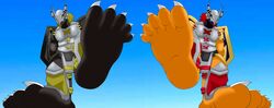  5_toes absurd_res bandai_namco blackwargreymon digimon digimon_(species) duo feet foot_focus hi_res humanoid humanoid_feet icarozilla looming looming_foot low-angle_view macro male plantigrade soles stomping toes wargreymon worm&#039;s-eye_view 