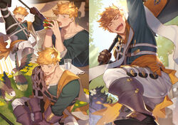  1boy animal blonde_hair blush brown_gloves clone collage cropped gloves granblue_fantasy granblue_fantasy_(style) green_eyes happy higashigunkan laughing looking_at_viewer male_focus multiple_views muscular muscular_male open_mouth paid_reward_available pectorals shirt smile thick_thighs thighs upper_body vane_(granblue_fantasy) watermark 