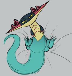  2019 3_toes ambiguous_gender amphibian bed blue_body claws diplocaulus dragapult dragon feet feral furniture generation_8_pokemon hi_res looking_at_viewer mythological_creature mythological_scalie mythology nectrid nintendo on_bed pokemon pokemon_(species) scalie simple_background sketchy solo tail toes yellow_sclera 