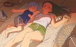  1boy age_difference bad_id bad_twitter_id black_hair blush book breasts camisole closed_eyes cup diffndk drinking_glass electric_fan evening female film_grain flustered food futon grabbing grabbing_another&#039;s_breast green_shorts highres indoors knee_up large_breasts long_hair lying mattress md5_mismatch nervous on_back on_bed onee-shota onigiri original pillow shorts size_difference sleep_molestation sleeping straight sweat tatami teapot white_camisole 