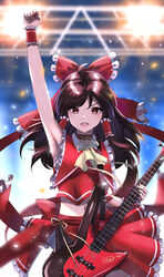  adapted_costume armpits ascot back_bow black_pantyhose blurry blurry_background blush bow brown_eyes brown_hair choker clenched_hand collarbone collared_shirt commentary_request concert depth_of_field feet_out_of_frame female frilled_hair_tubes frilled_sash frilled_skirt frills guitar hair_tubes hairbow hakurei_reimu highres instrument lightning midriff naisewow navel open_mouth pantyhose red_bow red_choker red_sash red_skirt red_vest ribbon sash shirt side_slit skirt solo standing stomach sweatdrop touhou truss vest wing_collar wrist_cuffs yellow_ascot yellow_ribbon 