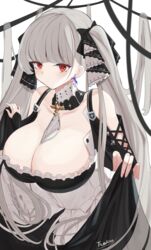  absurdly_long_hair absurdres artist_name azur_lane bare_shoulders between_breasts black_dress blue_gemstone breasts cleavage clothing_cutout commentary_request detached_collar dress earrings female formidable_(azur_lane) frilled_dress frills from_above gem gothic_lolita grey_hair hair_ribbon highres huge_breasts jewelry lolita_fashion long_hair looking_at_viewer necktie necktie_between_breasts ribbon shoulder_cutout simple_background solo tarakon twintails two-tone_dress two-tone_ribbon very_long_hair white_background 