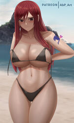  abpart areola_slip arm_tattoo artist_name asymmetrical_bangs beach bikini black_bikini blush breasts brown_eyes cleavage closed_mouth collarbone covered_nipples dark_red_hair earrings erza_scarlet fairy_tail fairy_tail_logo female hair_between_eyes highleg highleg_bikini highres jewelry large_breasts long_hair looking_at_viewer navel ocean outdoors patreon_username red_hair single_earring smile solo swimsuit tattoo thighs undressing untied_bikini 