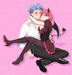  1boy arms_around_neck artist_name black_corset black_footwear black_pants black_pantyhose blush bob_cut boots bow breasts brown_dress brown_footwear cleavage collared_shirt corset couple dated demon_girl demon_horns demon_tail dress dress_shoes female full_body grey_hair high_heel_boots high_heels highres horns indian_style jewelry krudears long_sleeves looking_at_another medium_breasts necklace pants pantyhose parted_lips pink_background pink_bow pink_hair protagonist_(tokimemo_gs3) puffy_short_sleeves puffy_sleeves purple_eyes red_eyes shirt shitara_seiji short_dress short_hair short_sleeves sitting sitting_on_lap sitting_on_person straight sweatdrop swept_bangs tail tokimeki_memorial tokimeki_memorial_girl&#039;s_side_3rd_story tongue tongue_out twitter_username underbust white_shirt 