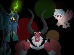  2019 alicorn arthropod changeling cozy_glow_(mlp) equid equine facial_piercing female feral friendship_is_magic grin group hasbro hi_res horn justsomepainter11 looking_at_viewer male mammal my_little_pony mythological_creature mythological_equine mythology nose_piercing nose_ring piercing queen_chrysalis_(mlp) ring_piercing smile tirek_(mlp) wings young 