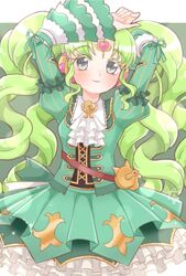  anko_maccha arms_up ascot closed_mouth colored_eyelashes cowboy_shot curly_hair dress falulu falulu_(awakened) female frilled_dress frills green_background green_hair green_shirt green_skirt green_theme grey_eyes headphones idol long_hair looking_at_viewer pretty_series pripara shirt sidelocks signature skirt smile solo sparkle 