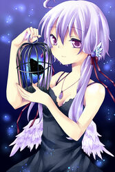  ahoge angel_wings animal bare_shoulders birdcage black_dress breasts bug butterfly cage cleavage closed_mouth commentary_request dress female glowing hair_between_eyes hair_ornament hair_ribbon hair_tubes hairpin holding jewelry light_smile long_hair low_wings medium_breasts necklace pendant purple_eyes purple_hair red_ribbon ribbon short_hair_with_long_locks silhouette sleeveless sleeveless_dress solo spaghetti_strap star_(symbol) starry_background tress_ribbon tsurime upper_body vocaloid voiceroid white_wings wings yoitsukishin yuzuki_yukari 