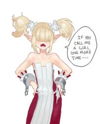  1boy bangs bare_shoulders blonde_hair blush chains collarbone disgaea english hair_over_eyes hands_on_hips male_healer_(disgaea) oerba_yun_fang open_mouth pointy_ears simple_background sleeveless sleeveless_dress strapless strapless_dress trap twintails white_background 