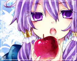  :o apple blush border close-up colored_eyelashes commentary_request female food fruit hair_between_eyes hair_ribbon hair_tubes holding holding_food holding_fruit looking_at_viewer open_mouth portrait purple_eyes purple_hair ribbon round_teeth short_hair_with_long_locks sidelocks solo teeth tress_ribbon tsurime vocaloid voiceroid white_border yoitsukishin yuzuki_yukari 