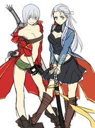  2girls :3 bandeau black_skirt blue_eyes boots breasts cleavage commentary_request dante_(devil_may_cry) devil_may_cry_(series) devil_may_cry_3 fuka_(kirrier) genderswap_(mtf) katana large_breasts long_hair multiple_girls no_nose rebellion_(sword) rule_63 sheath short_hair short_shorts shorts siblings silver_hair simple_background sisters skirt smile strapless sword underboob vergil_(devil_may_cry) weapon white_background yamato_(sword) 