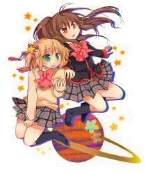  2girls bad_id bad_pixiv_id blonde_hair brown_hair furui_suguri green_eyes highres kamikita_komari little_busters! little_busters!_school_uniform long_hair multiple_girls natsume_rin planet ponytail red_eyes saturn_(planet) school_uniform short_hair 