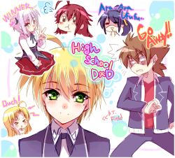  &gt;_&lt; 2boys 4girls :t ahoge asia_argento black_hair blonde_hair blush brown_hair bubble bubbles closed_eyes footwear green_eyes hair_ornament hairclip high_school_dxd himejima_akeno hyoudou_issei kiba_yuuto long_hair multiple_boys multiple_girls peace pout pouting puffed_cheeks red_hair rias_gremory school_uniform short_hair skirt socks toujou_koneko uniform v white_hair yellow_eyes yuuto_kiba 