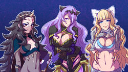  3girls akairiot armor black_hair blonde_hair blue_eyes bodysuit book bra breasts brown_eyes camilla_(fire_emblem) cape charlotte_(fire_emblem) circlet cleavage female female_only fire_emblem fire_emblem_fates fully_clothed gloves hair_over_one_eye hair_ribbon large_breasts licking_lips long_black_hair long_blonde_hair long_hair long_purple_hair midriff multiple_girls navel nintendo nyx_(fire_emblem) panties purple_eyes purple_hair ribbon see-through small_breasts smile standing veil 