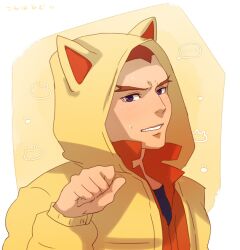  1boy @@@ animal_ears bad_id bad_pixiv_id cat_ears coat edward_keddy eyebrows fake_animal_ears hood male_focus paw_pose purple_eyes red_hair simple_background solo tiger_&amp;_bunny white_background 