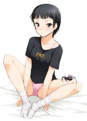  band_shirt bed between_legs black_eyes black_hair blush bra bra_strap bug commentary_request female heavy_metal k-on! kaiga lingerie long_legs looking_at_viewer merchandise no_pants no_shoes on_bed panties photoshop_(medium) pink_bra pink_panties polka_dot polka_dot_panties rage_(band) short_hair simple_background sitting skull socks solo spider striped_clothes striped_socks underwear wada_akira white_background 