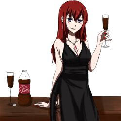  archived_source bad_id bad_link black_dress blue_eyes breasts cleavage cup dark_red_hair dr_pepper drawfag dress drinking_glass earrings female formal garter_straps jewelry long_hair makise_kurisu medium_breasts nail_polish necklace red_hair seductive_smile side_slit sideboob simple_background smile solo steins;gate thighhighs white_background wine_glass 