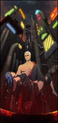  1boy akatsuki_(naruto) bare_shoulders blue_hair carrying closed_eyes eyeshadow female hidan highres konan kunoichi-san labret_piercing long_image makeup naruto naruto_shippuuden paper rain tall_image torn_clothes white_hair 