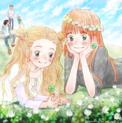  2girls 3boys blonde_hair blue_eyes blush brown_hair cloud clover clover_(flower) commentary_request dated day double_bun flower flower_wreath four-leaf_clover friends green_eyes hair_bun hanamoto_hagumi hands_on_own_face head_rest head_wreath holding holding_leaf honey_and_clover leaf long_hair lying mayama_takumi morita_shinobu multiple_boys multiple_girls oekaki official_style on_grass on_stomach outdoors plant sakai_yume signature sitting sky smile standing takemoto_yuuta wavy_hair wreath yamada_ayumi 