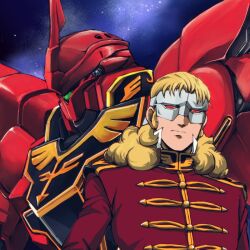  1boy blonde_hair commentary_request full_frontal gundam gundam_unicorn kamisimo_90 long_hair male_focus mask mecha military military_uniform robot sinanju space uniform wavy_hair 