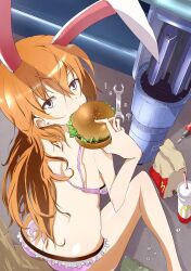  animal_ears binchou bolt_(hardware) bra burger charlotte_e._yeager commentary_request cup disposable_cup drill eating fast_food female food highres lingerie mcdonald&#039;s nut_(hardware) panties rabbit_ears rabbit_girl repairing screw sitting strike_witches striker_unit underwear underwear_only world_witches_series wrench 