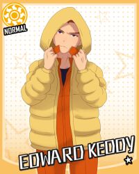  1boy @@@ bad_id bad_pixiv_id card_(medium) card_parody character_name cinderella_girls_card_parody coat edward_keddy hood idolmaster idolmaster_cinderella_girls male_focus parody prison_clothes purple_eyes red_hair solo star_(symbol) sun_symbol tiger_&amp;_bunny 