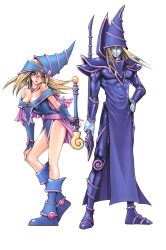  1boy absurdres blonde_hair boots dark_magician dark_magician_girl duel_monster female female fingerless_gloves gloves hat hate highres lipstick magic_wand makeup male staff wand yu-gi-oh! yuu-gi-ou_duel_monsters 