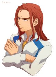  1boy @@@ bad_id bad_pixiv_id crossed_arms edward_keddy eyebrows hair_down long_hair male_focus purple_eyes red_hair school_uniform simple_background solo tiger_&amp;_bunny white_background 