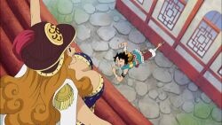  amazon amazon_lily animated animated aphelandra black_eyes black_hair blonde_hair bouncing_breasts breasts cleavage female hat helmet jumping large_breasts long_hair lowres monkey_d_luffy one_piece pirate standing 