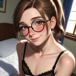  1boy 1femboy above_view ai_generated bed bedroom blush bra brown_eyes brown_hair bushy_eyebrows cute cute_expression emily_(lpyxel) femboy flat_chest flat_chested freckles freckles_on_face from_above girly glasses highres lace_bra lpyxel male_only no_nude non_nude original original_character ponytail round_glasses self_upload sfw shy shy_smile sissy smile thick_eyebrows viewed_from_above 