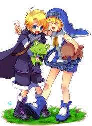  2boys :d arc_system_works bad_id bad_pixiv_id blazblue blonde_hair blue_eyes blush boots bridget carl_clover closed_eyes company_connection frog grass guilty_gear guilty_gear_xx habit male_focus miyadevil multiple_boys no_eyewear nun open_mouth otoko_no_ko purple_footwear shorts smile stuffed_animal stuffed_toy teddy_bear v 