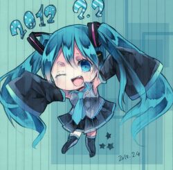  bad_id bad_pixiv_id blue_eyes blue_hair chibi_miku dated detached_sleeves female hatsune_miku lined_paper long_hair mihatarou necktie oerba_yun_fang one_eye_closed skirt sleeves_past_wrists solo star_(symbol) thighhighs twintails vocaloid 