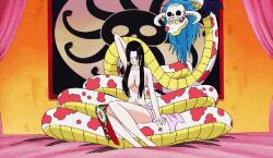  amazon amazon_lily animal animated animated black_hair boa_hancock breasts closed_eyes earring earrings female jewelry large_breasts legs long_hair lowres one_piece sitting skull snake tattoo thighs topless 