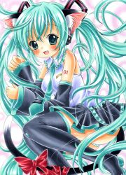  animal_ears bad_id bad_pixiv_id blush boots bow cat_ears cat_tail commentary_request detached_sleeves female green_eyes green_hair hatsune_miku headphones hinako_(turip-turop) long_hair marker_(medium) necktie nib_pen_(medium) open_mouth panties pastel_(medium) skirt solo striped_clothes striped_panties tail tail_bow tail_ornament thigh_boots thighhighs traditional_media twintails underwear very_long_hair vocaloid 