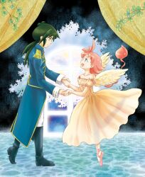  1boy ahiru_(princess_tutu) ahoge ballet ballet_slippers bare_shoulders boots coat commentary_request couple curtains dress eye_contact fakir_(princess_tutu) female formal green_eyes green_hair holding_hands knee_boots long_hair looking_at_another nijimasu open_mouth photoshop_(medium) pink_hair ponytail princess_tutu smile straight tree water wings 