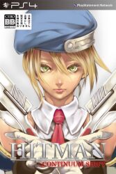  beret blazblue blonde_hair bolverk commentary_request cover crossover dual_wielding fake_cover female game_console gloves green_eyes gun handgun hat hitman_(game) holding necktie noel_vermillion parody playstation_logo sukizo video_game_cover weapon 