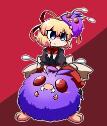  animal animal_on_head bad_id bad_pixiv_id blonde_hair blue_eyes blush_stickers bow dress fangs female hair_ribbon medicine_melancholy nura_(oaaaaaa) on_head person_on_head pokemon pokemon_(creature) pokemon_on_head ribbon sitting smile touhou venonat 