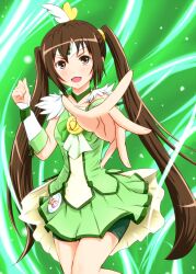  brown_eyes brown_hair choker commentary_request cosplay cure_march cure_march_(cosplay) diesel-turbo female green_choker green_shorts green_skirt green_theme inoue_marina long_hair minami-ke minami_kana precure shorts shorts_under_skirt skirt smile_precure solo twintails voice_actor_connection 