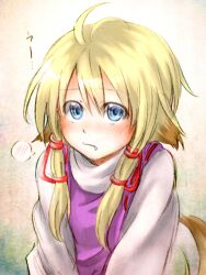  ahoge animal_ears blonde_hair blue_eyes blush commentary_request dog_ears female moriya_suwako no_headwear nora_wanko oerba_yun_fang solo spoken_blush tail touhou translated 