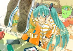  aqua_eyes aqua_hair bad_id bad_pixiv_id book chair checkered_floor cup digital_media_player female hatsune_miku headphones legs_up long_hair marcey mug orange_pantyhose pantyhose pencil shirt shoe_soles shoes solo star-shaped_pupils star_(symbol) striped_clothes striped_shirt symbol-shaped_pupils trash trash_can twintails very_long_hair vocaloid 