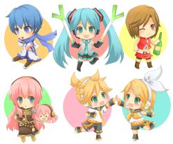  2boys 4girls aqua_eyes aqua_hair arare_(aboshi) belt blonde_hair blue_eyes blue_hair blue_scarf brown_eyes brown_hair chibi commentary_request crop_top detached_sleeves eating food green_eyes hair_ornament hair_ribbon hairclip hatsune_miku headset high_five ice_cream kagamine_len kagamine_rin kaito_(vocaloid) long_hair megurine_luka meiko_(vocaloid) midriff multiple_boys multiple_girls necktie one_eye_closed open_mouth pink_hair ribbon scarf short_hair skirt smile spring_onion takoluka thighhighs twintails very_long_hair vocaloid 