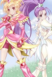  2girls bad_id bad_pixiv_id bike_shorts boots bow brooch brown_eyes cure_bloom cure_egret dress earrings eyelashes fingerless_gloves futari_wa_precure_splash_star gloves grey_eyes heart high_ponytail highres hyuuga_saki jewelry knee_boots kojikoji leg_warmers long_hair magical_girl mishou_mai multiple_girls orange_hair pink_arm_warmers pink_footwear ponytail precure purple_hair ribbon shorts shorts_under_skirt smile white_footwear wide_ponytail 