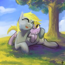  1:1 2012 ^_^ blonde_hair closed_eyes cloud cutie_mark daww derpy_hooves dinky_hooves_(mlp) duo equid equine feathered_wings feathers female feral friendship_is_magic grass grey_body grey_feathers hair hasbro hobbes_maxwell horn hug lolicon mammal mother_(lore) my_little_pony mythological_creature mythological_equine mythology outside parent_(lore) pegasus plant quadruped size_difference sky smile tail tree unicorn wings wood young young_feral 