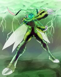  1boy antennae blue_eyes claws cloud commentary_request crossover digimon digimon_(creature) digimon_adventure_02 gerusyu glowing glowing_eyes henshin henshin_pose insect_wings kamen_rider lightning male_focus photoshop_(medium) red_hair solo spikes stingmon wings 