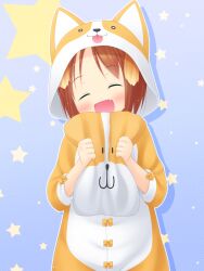  ^_^ ^o^ animal_costume animal_ears brown_hair closed_eyes commentary_request dog_costume dog_ears female highres inuarashi meiko_(inuarashi) oerba_yun_fang original pillow smile star_(symbol) starry_background 