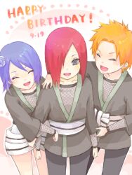  2boys :d blue_hair closed_eyes female hair_over_one_eye konan multiple_boys nagato nagato_(naruto) naruto naruto_shippuuden open_mouth orange_hair red_hair rio-0609 smile standing tegaki yahiko yahiko_(naruto) young younger 