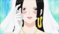  amazon animal animated animated black_hair blue_eyes blush boa_hancock breasts bridal_veil bride cleavage dress earrings elbow_gloves female gloves jewelry large_breasts long_hair looking_at_viewer lowres one_piece open_mouth standing veil wedding_dress 