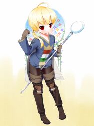  1boy ahoge bad_id bad_pixiv_id blonde_hair boots commentary_request final_fantasy final_fantasy_tactics full_body gloves highres kiriyama_machi male_focus mouth_hold otoko_no_ko pantyhose ponytail ramza_beoulve red_eyes solo staff string 