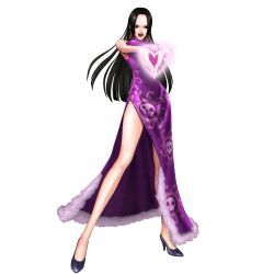  3d amazon bare_shoulders black_hair blue_eyes boa_hancock breasts china_dress chinese_clothes dress earring earrings feet female full_body heart heart_hands high_heels highres jewelry legs long_hair looking_at_viewer official_art one_piece one_piece:_pirate_warriors open_mouth purple_dress qipao shichibukai shoes simple_background solo standing thighs white_background 