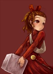  :&lt; arrietty breasts brown_eyes brown_hair carrying clothes_pin commentary_request cowboy_shot female hirohiran karigurashi_no_arrietty looking_away mini_person minigirl needle ponytail red_background simple_background small_breasts solo sugar_cube 